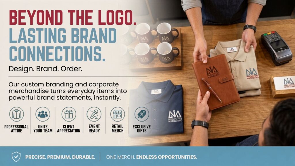 Custom branded merchandise and corporate apparel feature graphic showcasing retail-quality shirts, corporate gifts, and promotional items by Innovative Marketing SA.