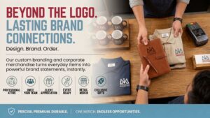 Custom branded merchandise and corporate apparel feature graphic showcasing retail-quality shirts, corporate gifts, and promotional items by Innovative Marketing SA.
