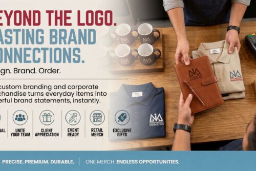 Custom branded merchandise and corporate apparel feature graphic showcasing retail-quality shirts, corporate gifts, and promotional items by Innovative Marketing SA.