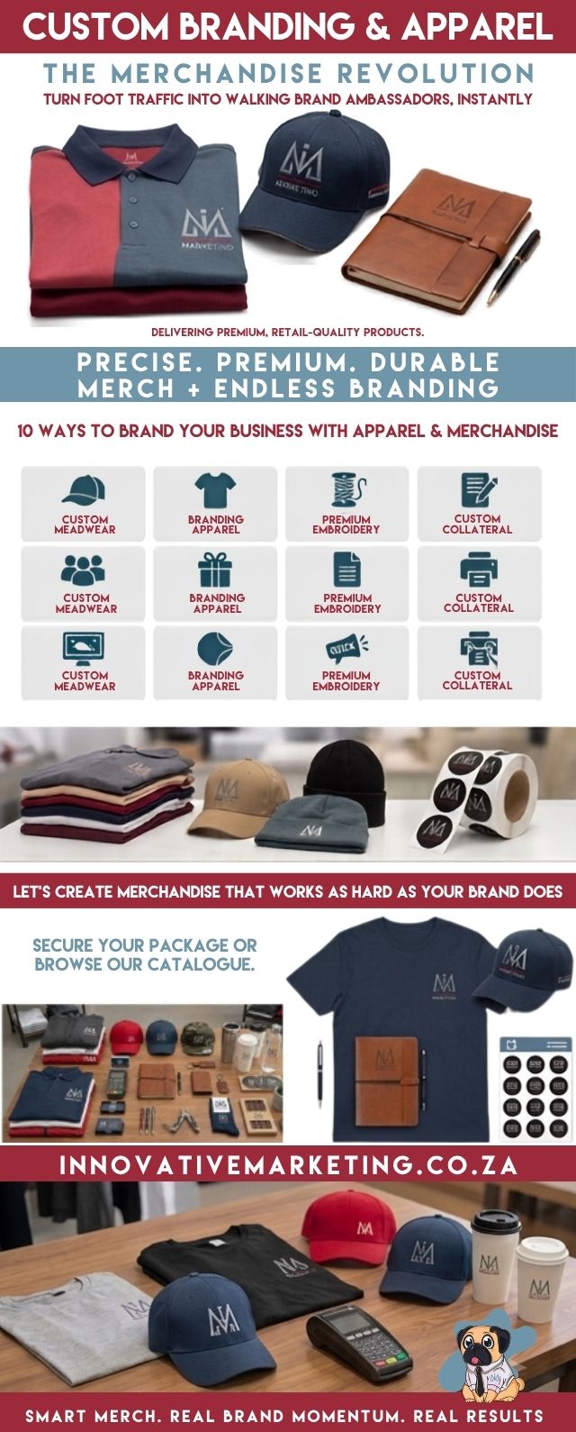 A comprehensive guide to custom branded merchandise and apparel solutions by Innovative Marketing SA. The graphic showcases 10 critical ways to use corporate merch, including custom headwear, branded clothing, premium embroidery, client appreciation gifts, screen printing, and sticker decals. It highlights durable, retail-quality products designed to turn foot traffic into walking brand ambassadors. View our extensive catalogue online for end-to-end concept, design, and production.