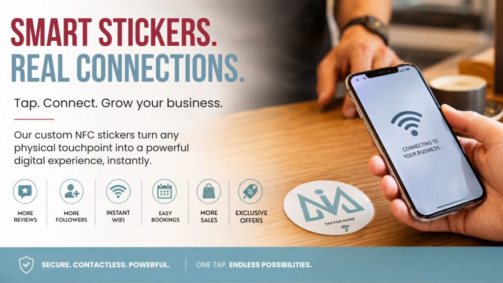 Custom branded NFC Smart Sticker being tapped by a smartphone to instantly connect customers with digital business services, reviews, Wi-Fi and online content.