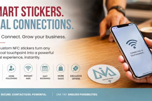 Custom branded NFC Smart Sticker being tapped by a smartphone to instantly connect customers with digital business services, reviews, Wi-Fi and online content.