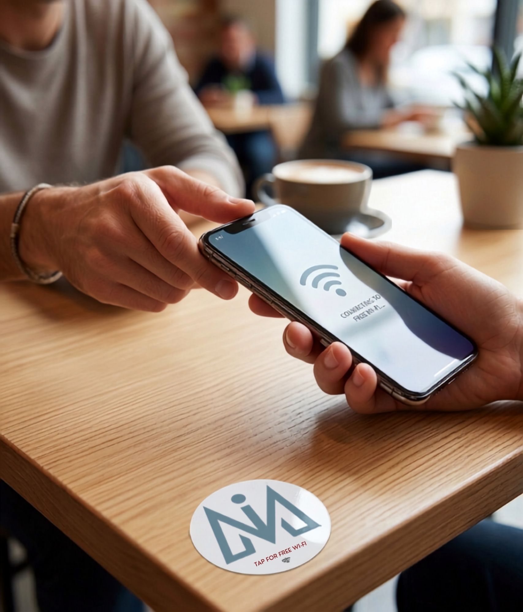 A customer holding a smartphone over a custom branded NFC smart sticker on a wooden restaurant table, showing the screen connecting to free Wi-Fi with the Innovative Marketing SA logo on the round table sticker.