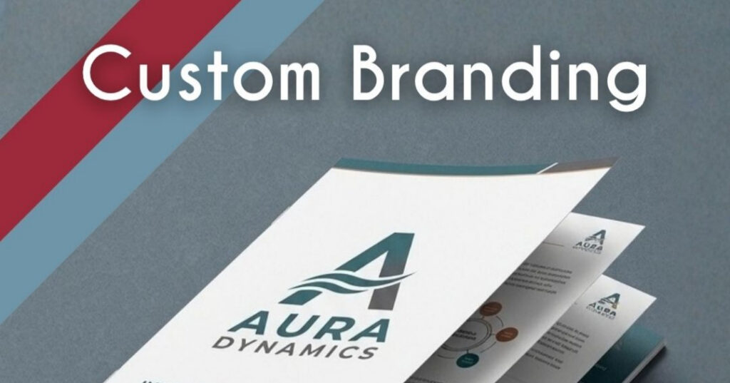 Custom corporate branding presentation folders and branded stationery displaying Aura Dynamics logo by Innovative Marketing SA