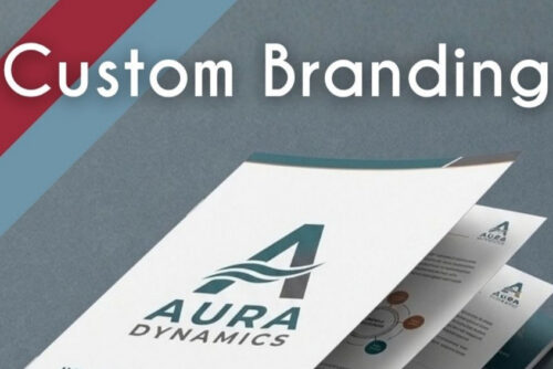 Custom corporate branding presentation folders and branded stationery displaying Aura Dynamics logo by Innovative Marketing SA