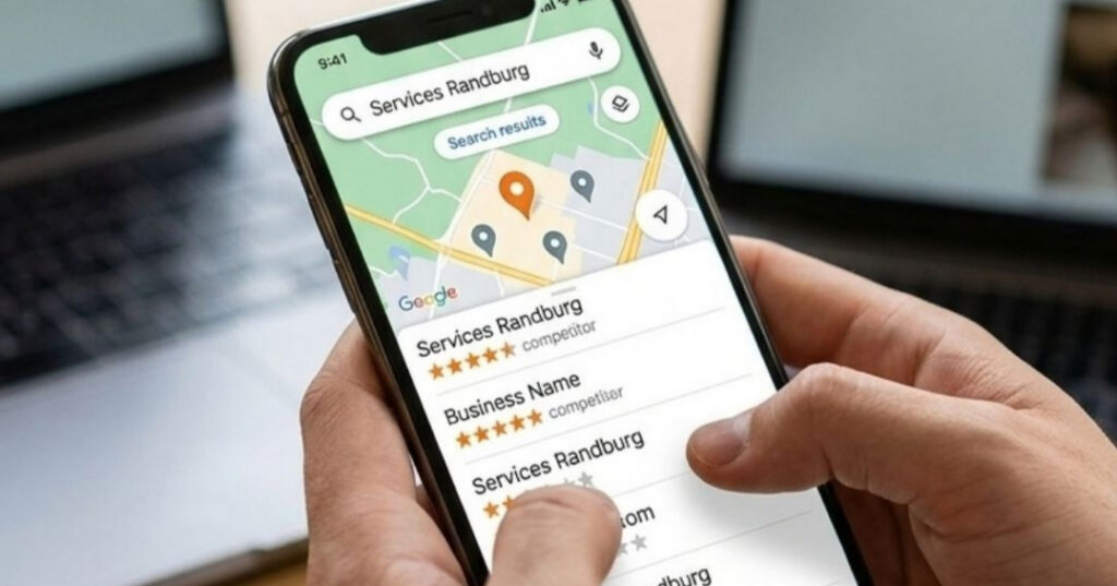 Person holding a smartphone displaying local Google Business Profile search listings and map results in Randburg.