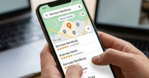 Person holding a smartphone displaying local Google Business Profile search listings and map results in Randburg.