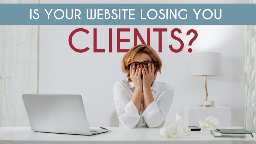 A frustrated businesswoman sitting at a desk with a laptop, highlighting whether your website is losing you clients by Innovative Marketing SA