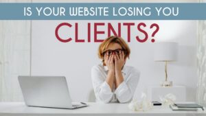 A frustrated businesswoman sitting at a desk with a laptop, highlighting whether your website is losing you clients by Innovative Marketing SA