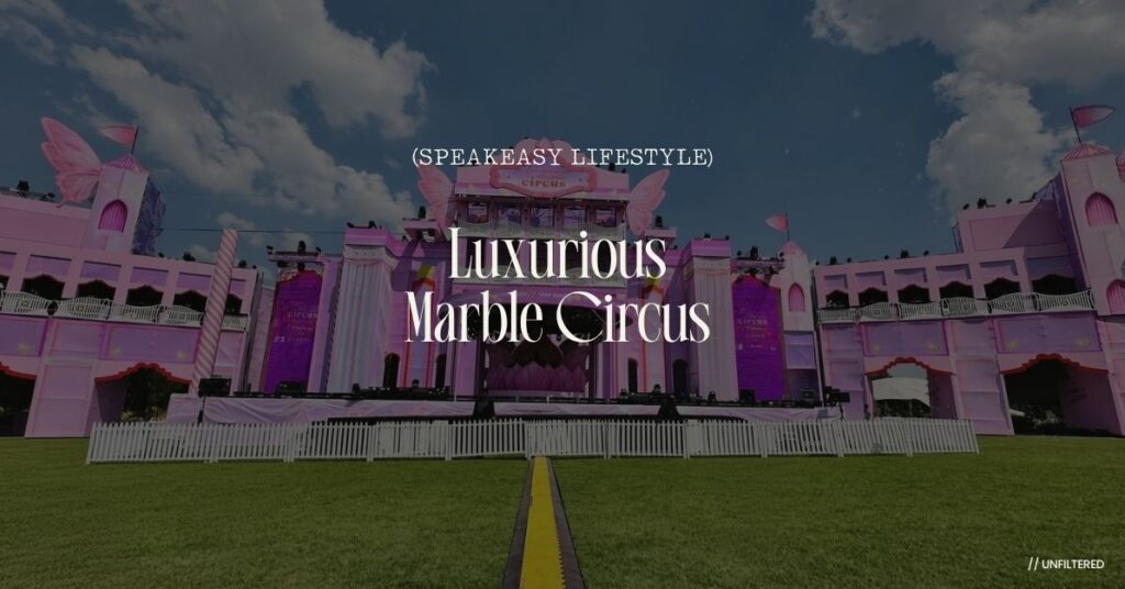 Exterior view of the grand, pastel pink festival stage and castle-like architecture at the Luxurious Marble Circus event hosted at GROUND The Venue in Muldersdrift.