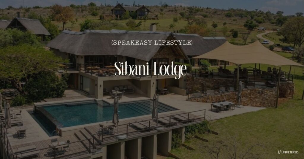 Aerial view of Sibani Lodge private villa with infinity pool, thatched roofs and beige shade sails set in the Magaliesberg bushveld